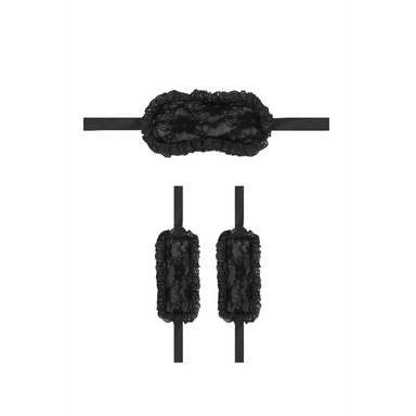 Zwarte bondage set, kanten masker en polsboeien, starterkit, productoverzicht op witte achtergrond