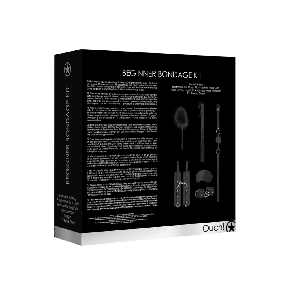 Complete Beginners Bondage Kit, achterkant verpakking met inhoud, specificaties en gebruiksinformatie