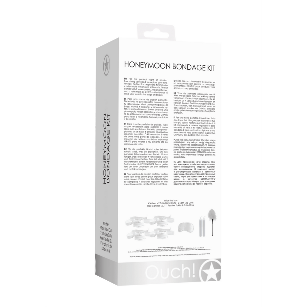 Huwelijksreis Bondage Kit, achterkant van de verpakking met productspecificaties en inhoudsoverzicht