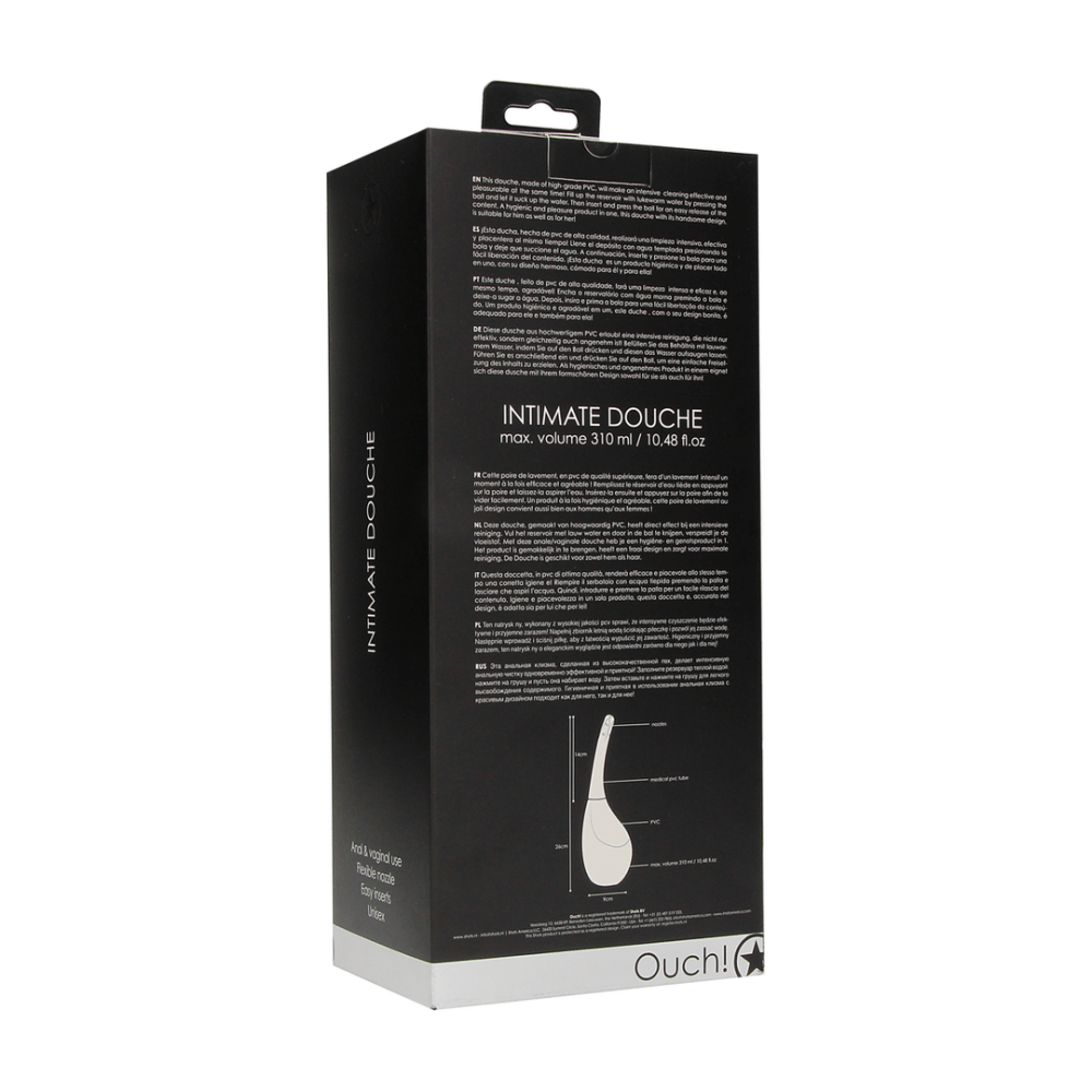 Achterzijde verpakking met productinformatie van Ouch intieme douche PVC