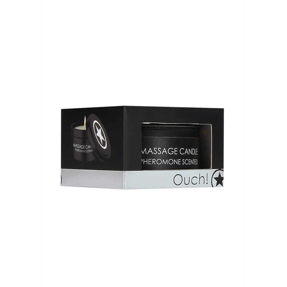 Verpakking van Ouch pheromone massagekaars met productinformatie en gebruikstoepassing