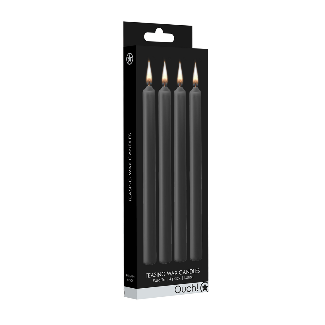Ouch zwarte wax kaarsen in verpakking met productoverzicht en kleurweergave voor veilige wax play