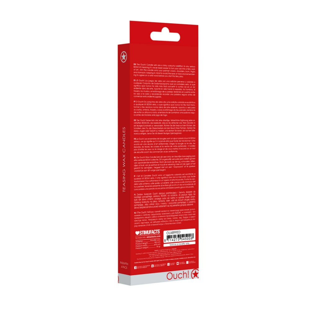 Ouch BDSM kaarsen rood, achterkant verpakking met productinformatie