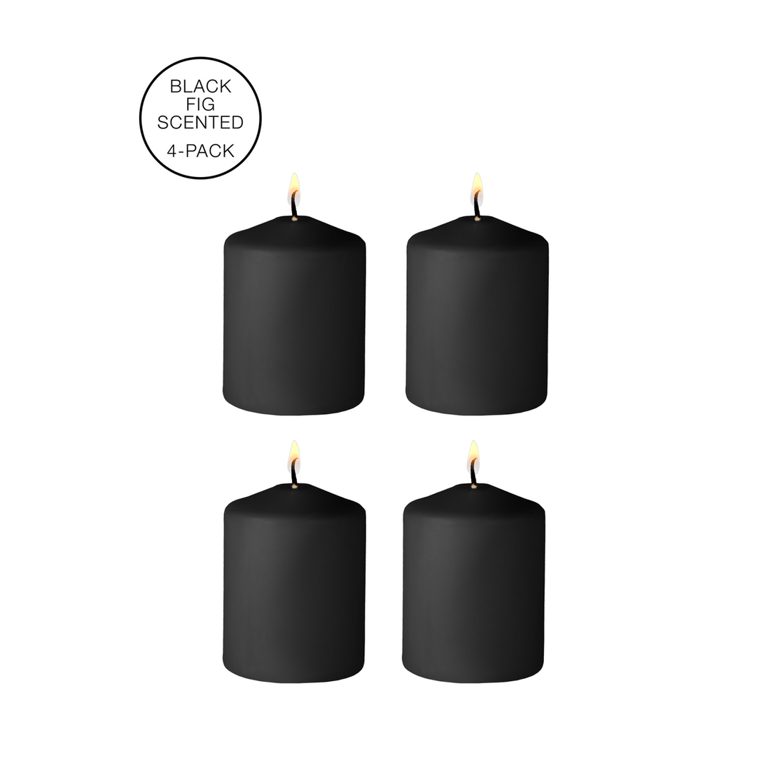 Ouch by Shots Tease Candles Disobedient, vier zwarte massagekaarsen naast elkaar weergegeven