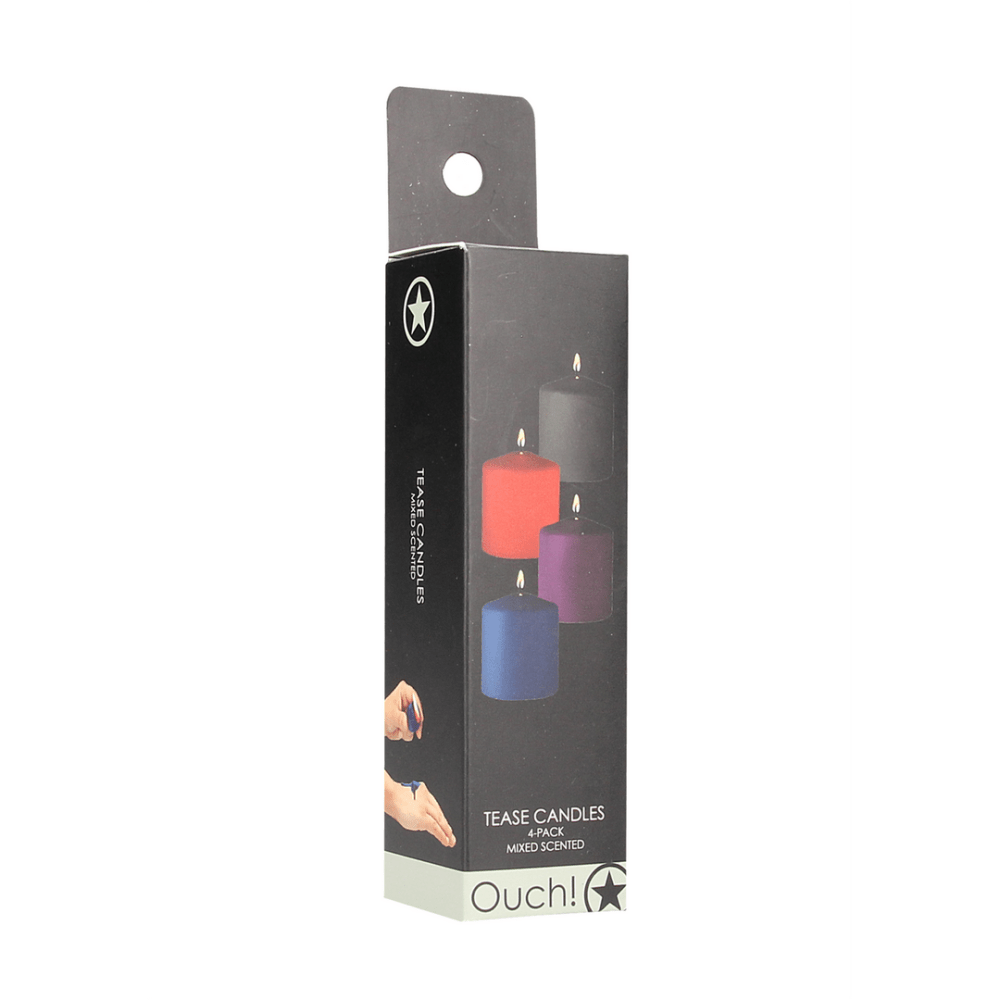 Ouch Tease kaarsen multicolor, productverpakking met speels en ondeugend design