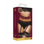 Donkerrode Ouch verpakking van tailleband met metalen bondage ringen in L/XL voor stijlvolle erotische outfits