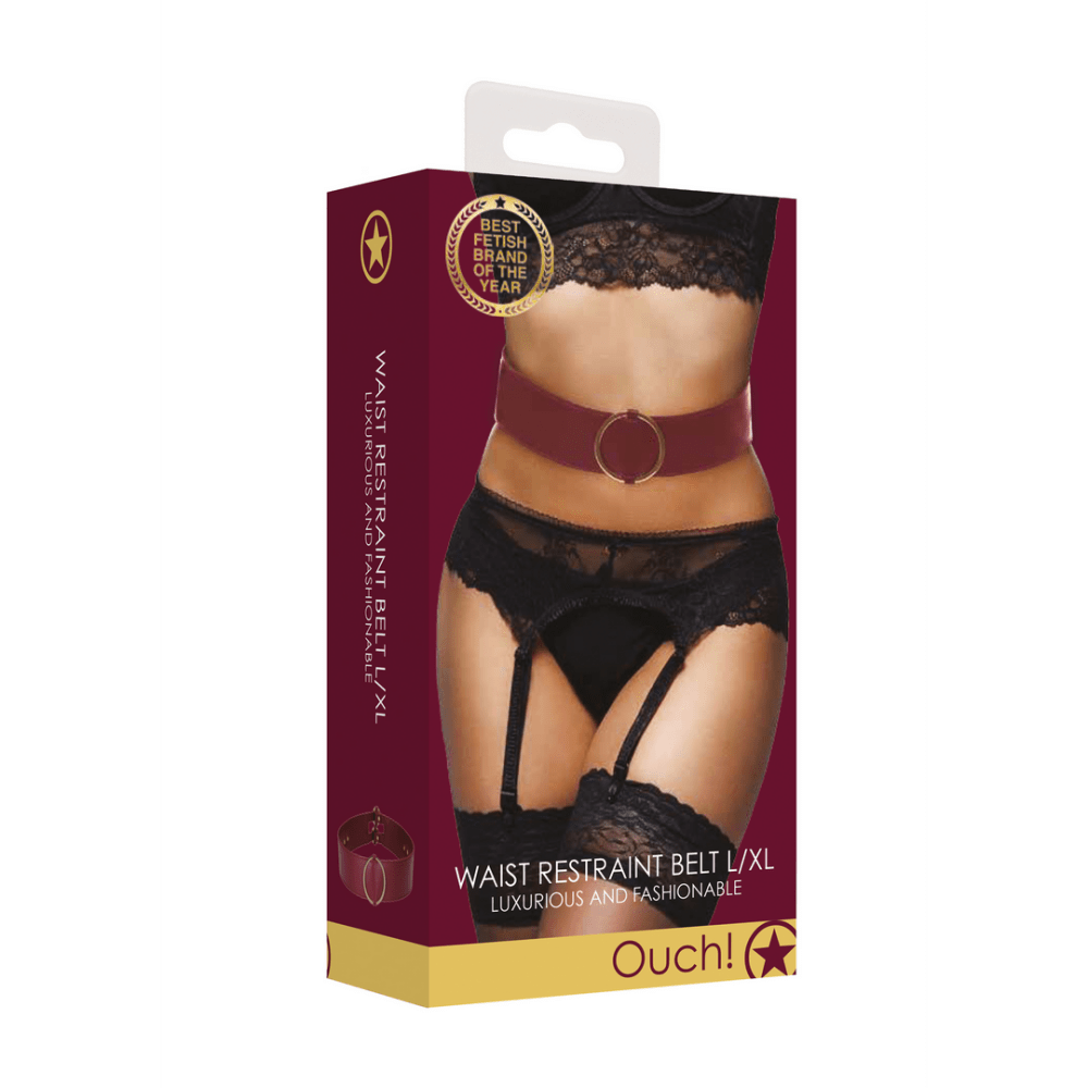 Donkerrode Ouch verpakking van tailleband met metalen bondage ringen in L/XL voor stijlvolle erotische outfits