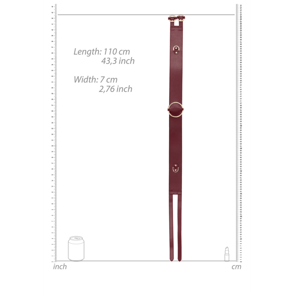 Technische tekening van de rode tailleband met metalen ringen op witte achtergrond voor helder productoverzicht