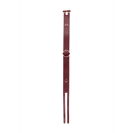 Waist Belt with Bondage Rings, maat S/M, zijaanzicht van de bordeauxrode riem met metalen ringen, op witte achtergrond