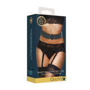 Waist Belt with Bondage Rings, productdoos vooraanzicht, zwarte riem met metalen ringen, maat L/XL