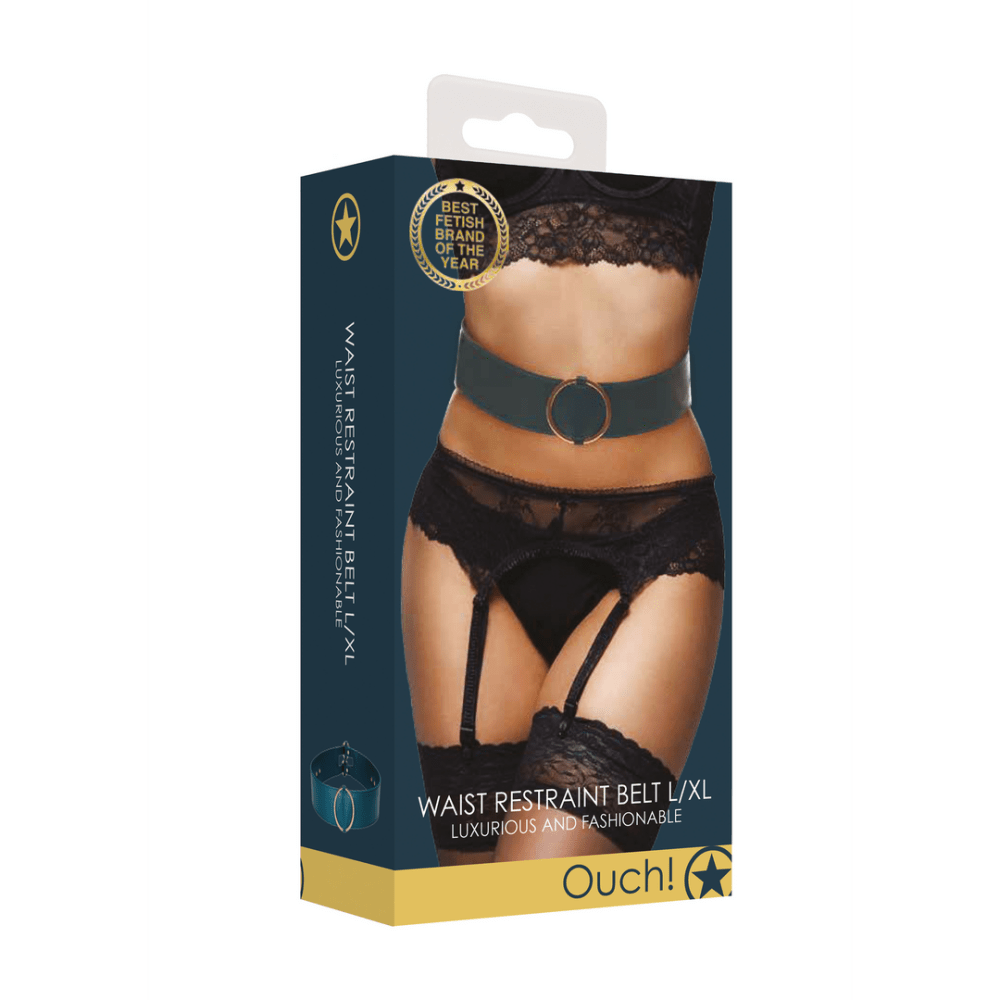 Waist Belt with Bondage Rings, productdoos vooraanzicht, zwarte riem met metalen ringen, maat L/XL