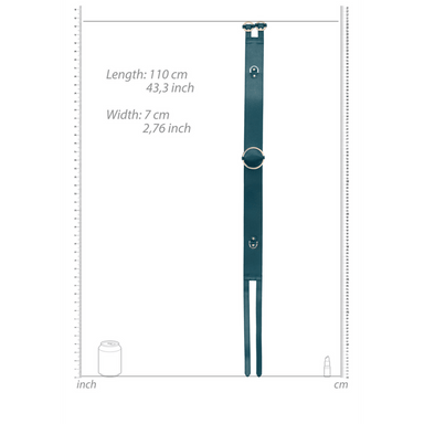 Waist Belt with Bondage Rings, maat L/XL, afmetingen en maattabel technische tekening op witte achtergrond