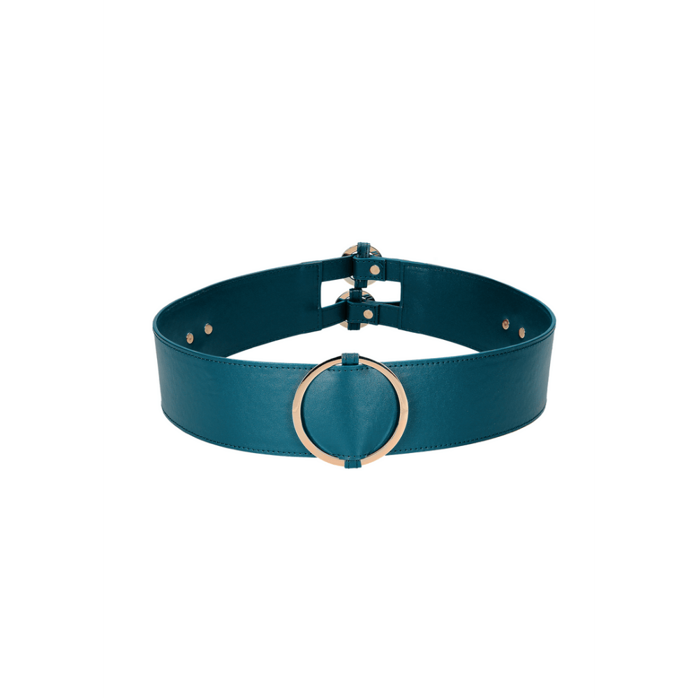 Ouch by Shots waist belt met bondage rings, groen, in maat S/M, close-up van de riem