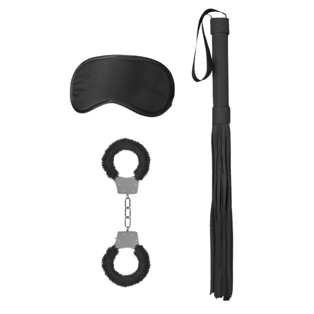 Bondage set zwart wit, starterpakket voor koppels, overzicht met masker, boeien en paddle