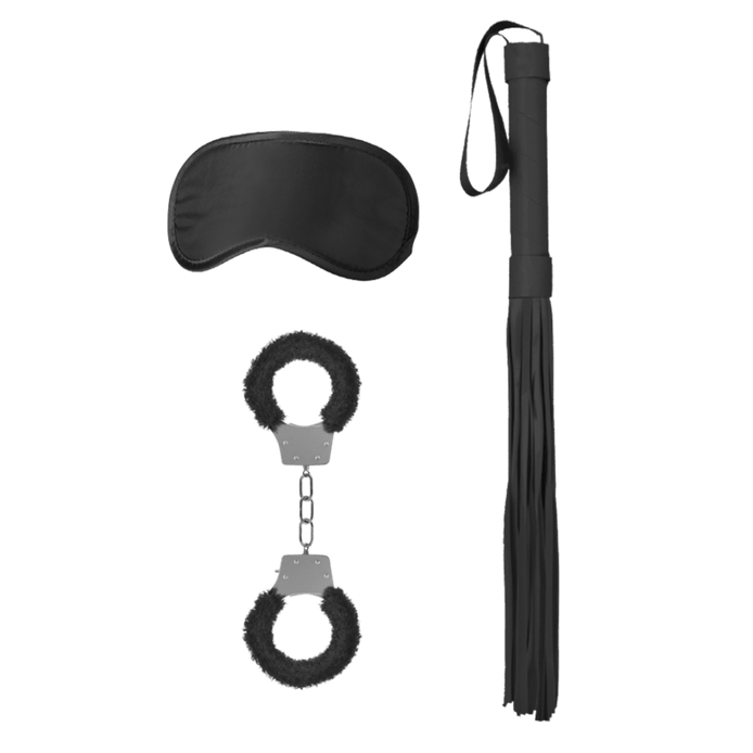 Bondage set zwart wit, starterpakket voor koppels, overzicht met masker, boeien en paddle