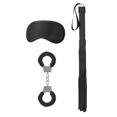 Bondage set zwart wit, starterpakket voor koppels, overzicht met masker, boeien en paddle
