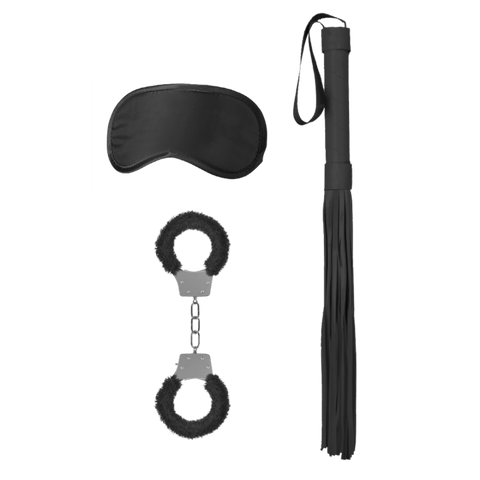 Bondage set zwart wit, starterpakket voor koppels, overzicht met masker, boeien en paddle