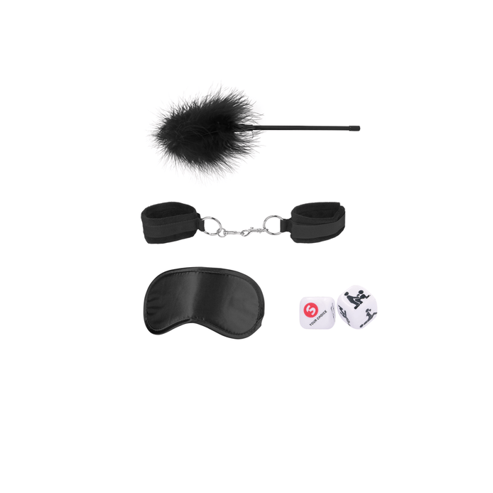 Bondage set zwart wit, starterskit, overzicht met dobbelstenen en fluwelen boeien, productfoto