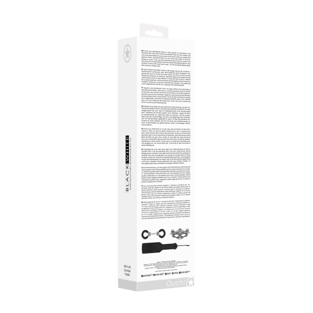 Bondage kit zwart wit, verpakking met inhoud en afmetingen, productverpakking zichtbaar