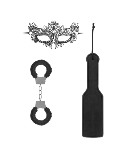 Zwart/Witte Bondage Kit voor Beginners | Masker, Paddle & Metalen Boeien