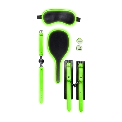 Met fluorescerende groene accenten die oplichten in het donker, verandert jouw slaapkamer in een verleidelijke speeltuin. Deze set is ideaal voor stellen die willen experimenteren met dominantie, onderwerping en BDSM,