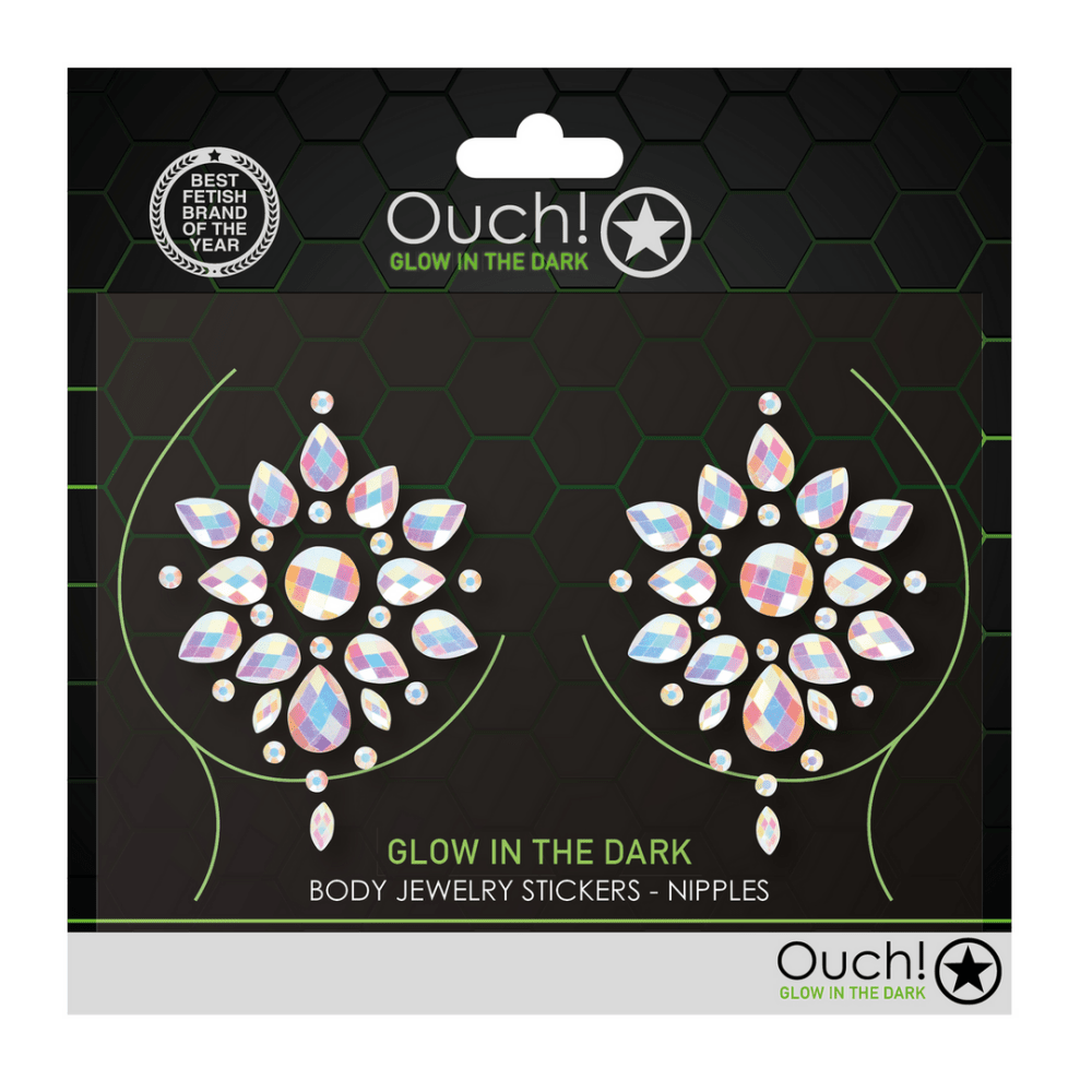 Ouch by Shots glow in the dark tepelstickers verpakking met decoratieve body jewelry voor intieme styling