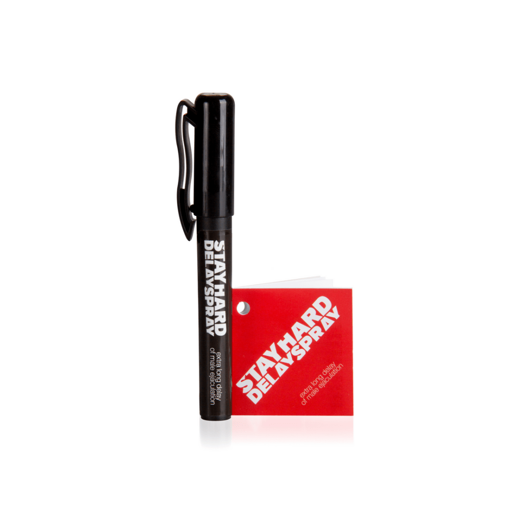 Pharmquests Stay Hard Delay Spray 6 ml, productverpakking met rode accenten en duidelijke merkopdruk