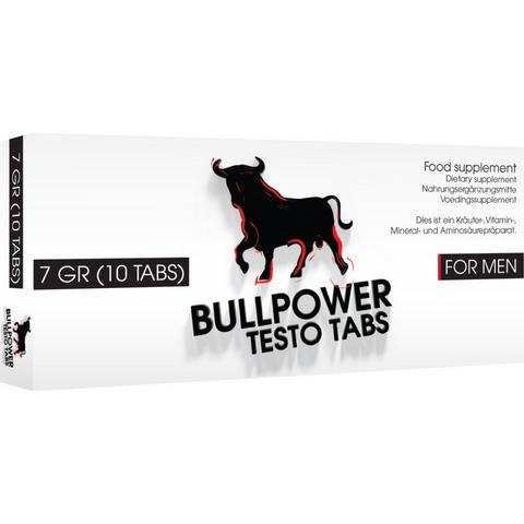 Verpakking van Pharmquests Bullpower Testo Tabs 10 tabletten in wit met zwart stierlogo en rode contouren, tekst For men op de voorzijde