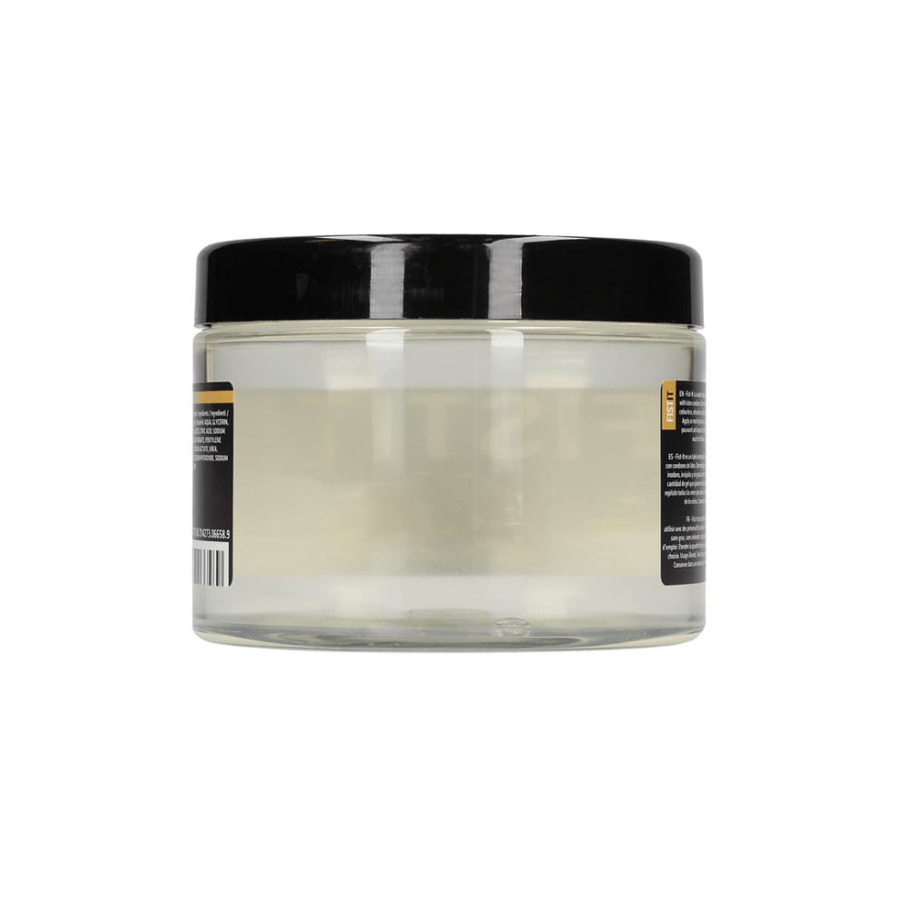 Pharmquests Fist It glijmiddel 500 ml, close-up van de pot en verpakking