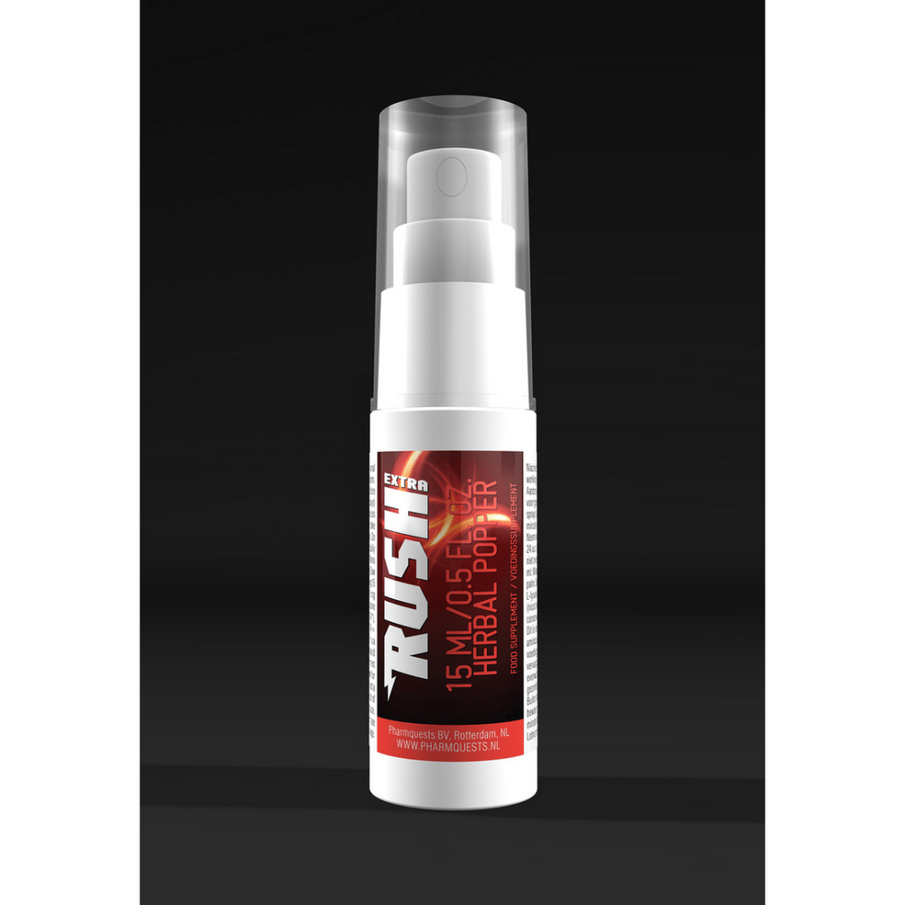 Pharmquests by Shots Rush Extra spray 15 ml, flacon gefotografeerd op zwarte achtergrond