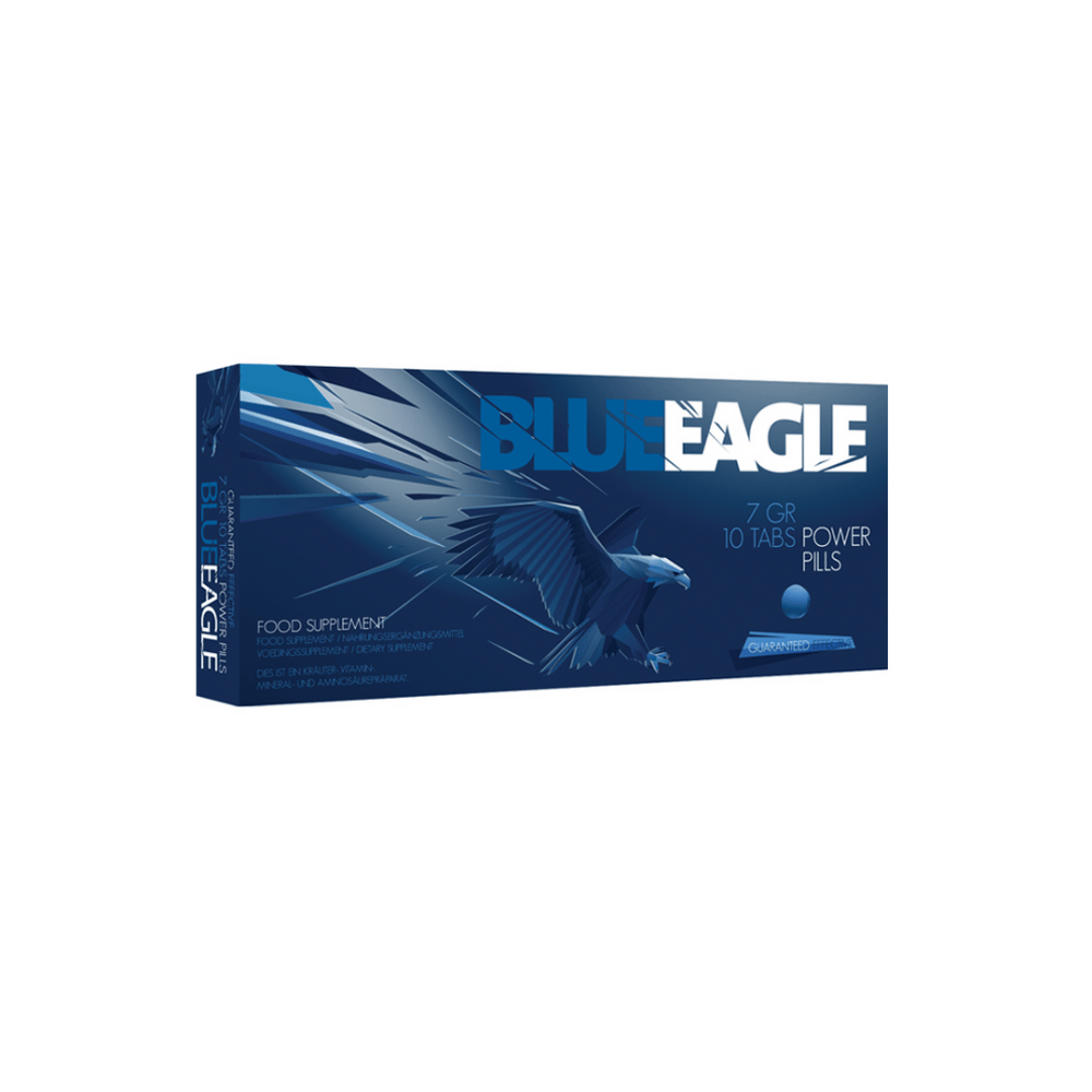 Pharmquests by Shots Blue Eagle capsules, blauwe doos met productnaam en adelaar design