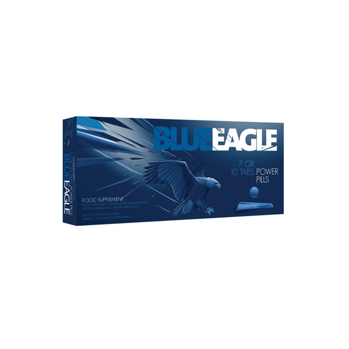 Pharmquests by Shots Blue Eagle capsules, blauwe doos met productnaam en adelaar design