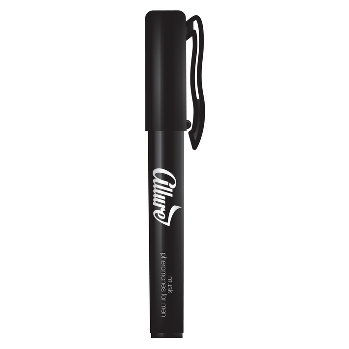 Zwarte Pharmquests Allure Musk Pen feromonenspray voor mannen met witte Allure-belettering en tekst musk pheromones for men