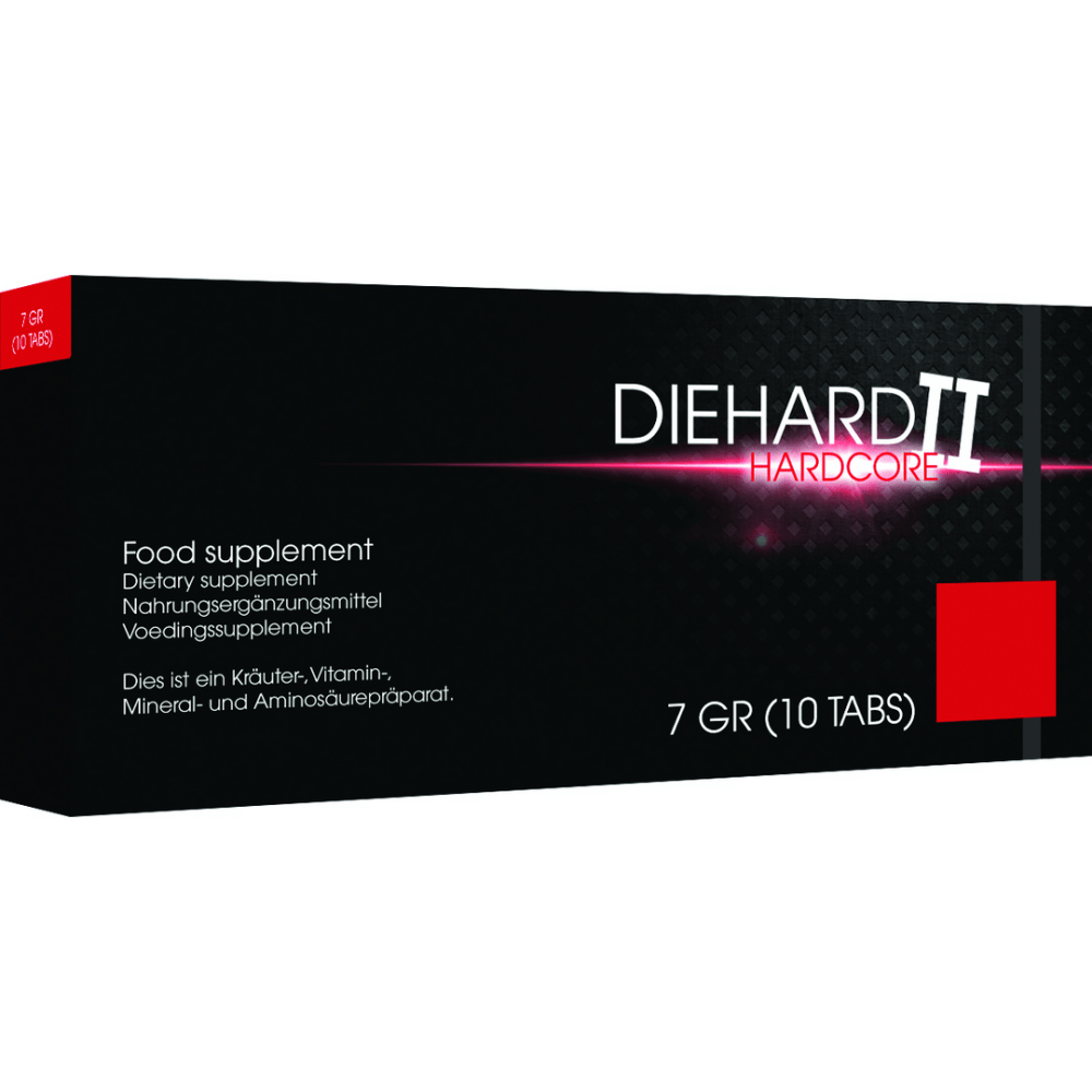 Pharmquests Diehard II capsules 10 stuks, zwarte doos met rode accenten en productnaam op de voorzijde