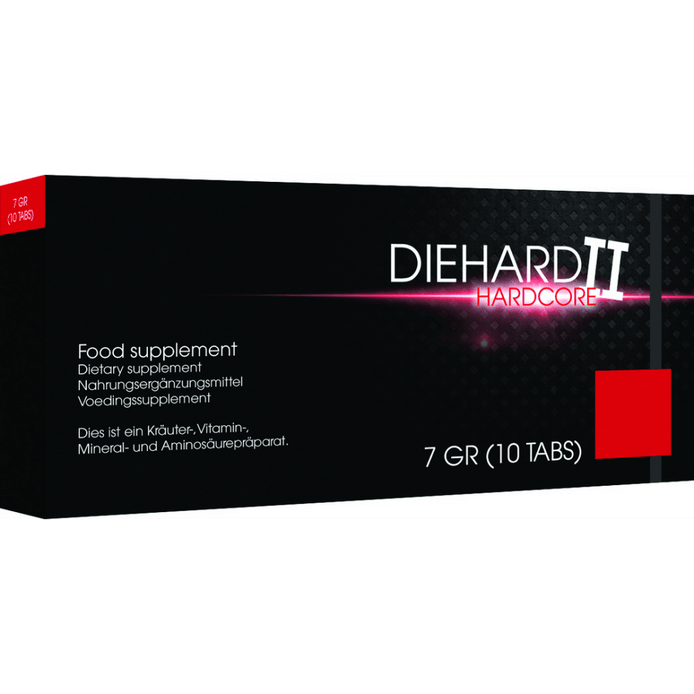 Pharmquests Diehard II capsules 10 stuks, zwarte doos met rode accenten en productnaam op de voorzijde