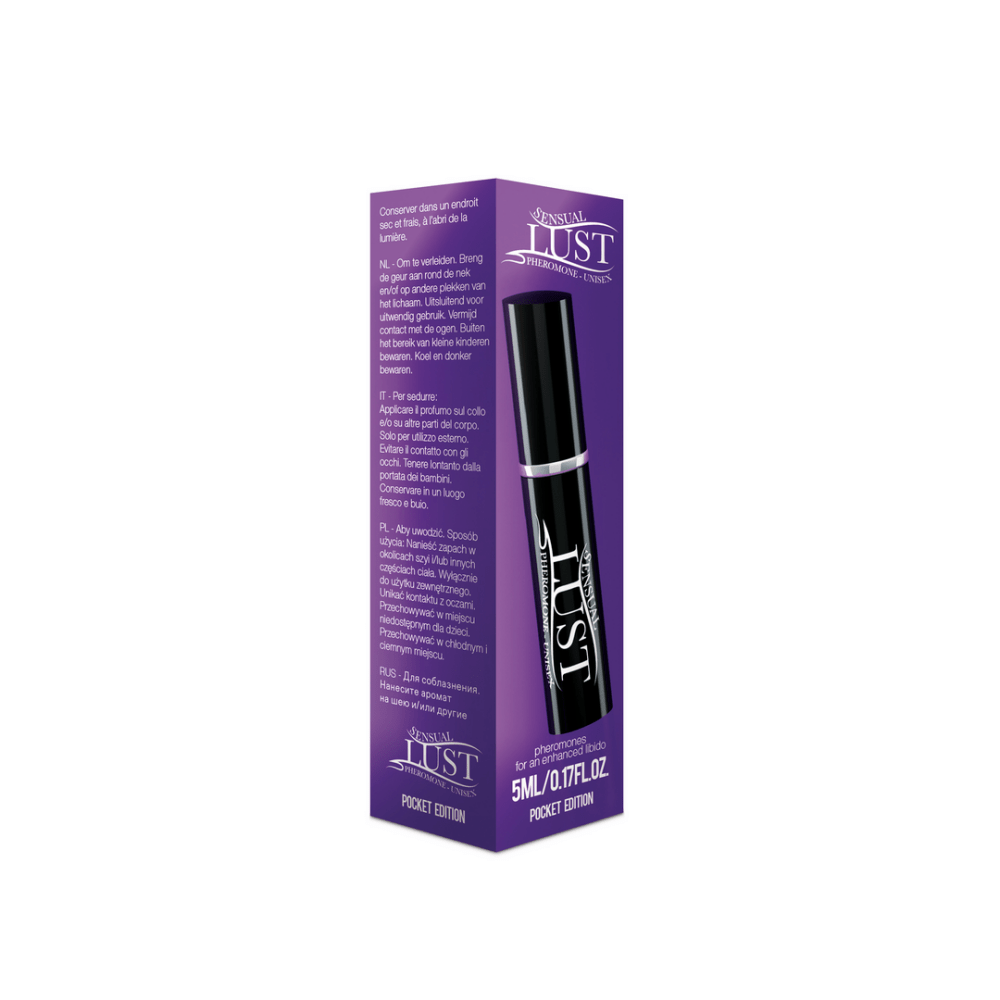 Pharmquests by Shots Sensual Lust pheromone spray unisex 5 ml paarse doosverpakking staand afgebeeld