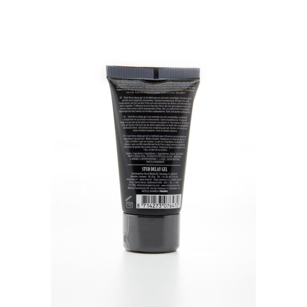 Achterzijde van de Pharmquests Dark Horse Delay Gel 50 ml tube met productinformatie en ingrediënten