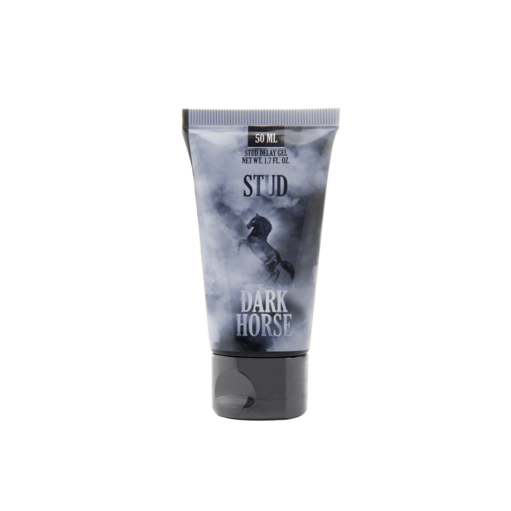Pharmquests Dark Horse Delay Gel 50 ml tube met grijze en zwarte opdruk, voorzijde verpakking