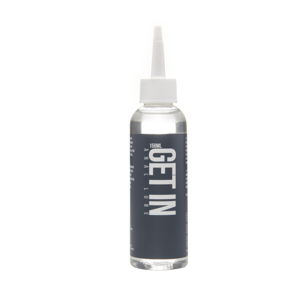 Pharmquests Get In anale glijmiddel 150 ml fles met zwarte opdruk en smalle doseertuit