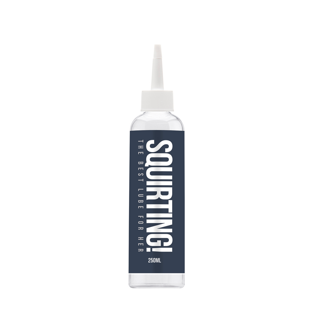 Fles Pharmquests Squirting glijmiddel met smalle doseertuit en donker etiket, inhoud 250 ml