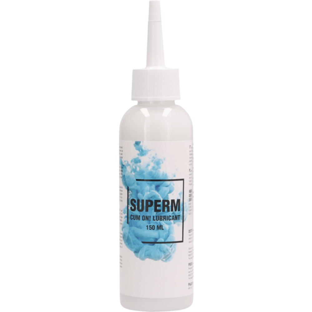 Sprayflacon van Pharmquests Superm Hybrid Glijmiddel 150 ml, transparante fles met witte spraydop en blauw etiket
