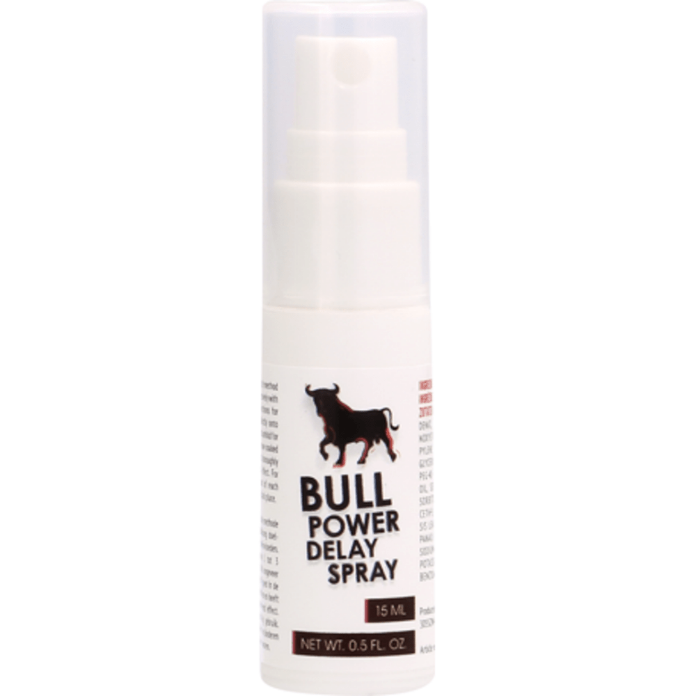 Sprayflacon van Pharmquests Bull Power Delay Spray 15 ml, witte verpakking met zwarte stier en zwarte tekst