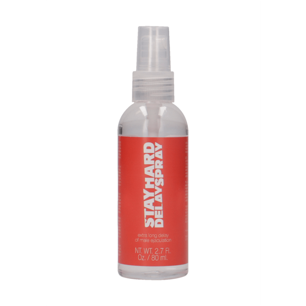 Flacon van Pharmquests Stay Hard Delay Spray 80 ml met spraydop, voorzijde van de verpakking
