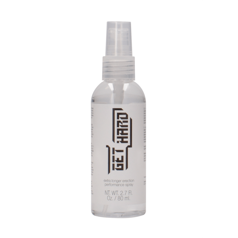Flacon van Pharmquests Get Hard Spray 80 ml met spraydop, voorzijde van de verpakking