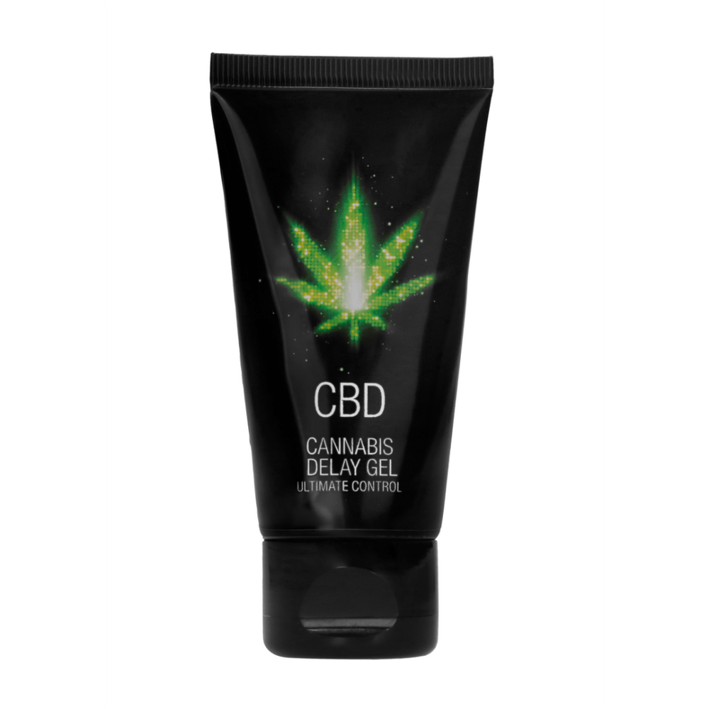 Zwarte Pharmquests CBD delay spray 50 ml met groene cannabisblad-opdruk