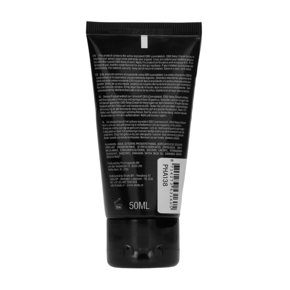 Achterzijde van Pharmquests CBD delay spray 50 ml met productinformatie