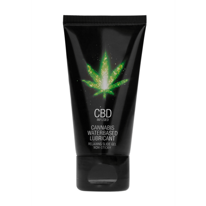 Zwarte Pharmquests CBD cannabis glijmiddel 50 ml tube met groene cannabisblad-opdruk