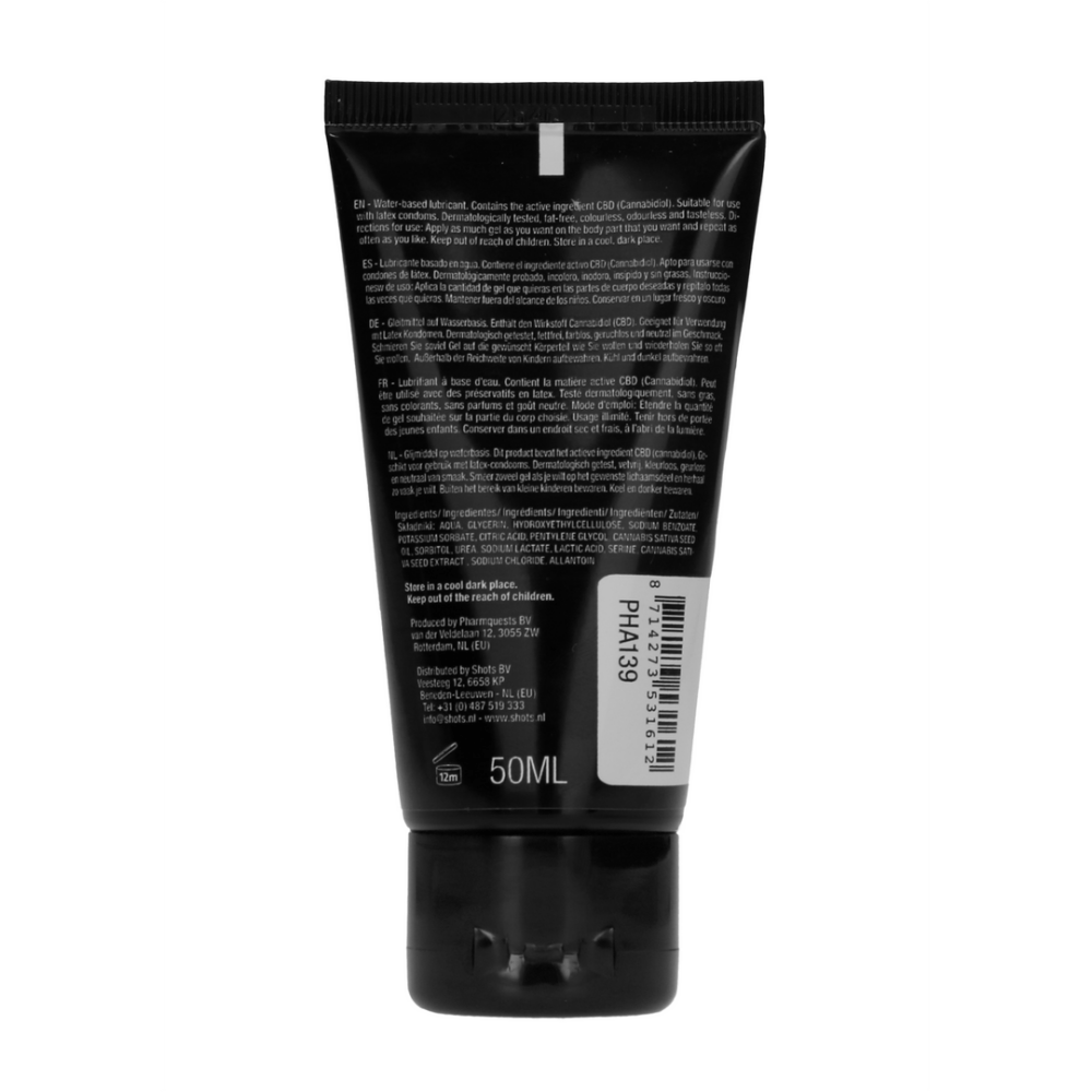 Achterzijde van Pharmquests CBD cannabis glijmiddel 50 ml tube