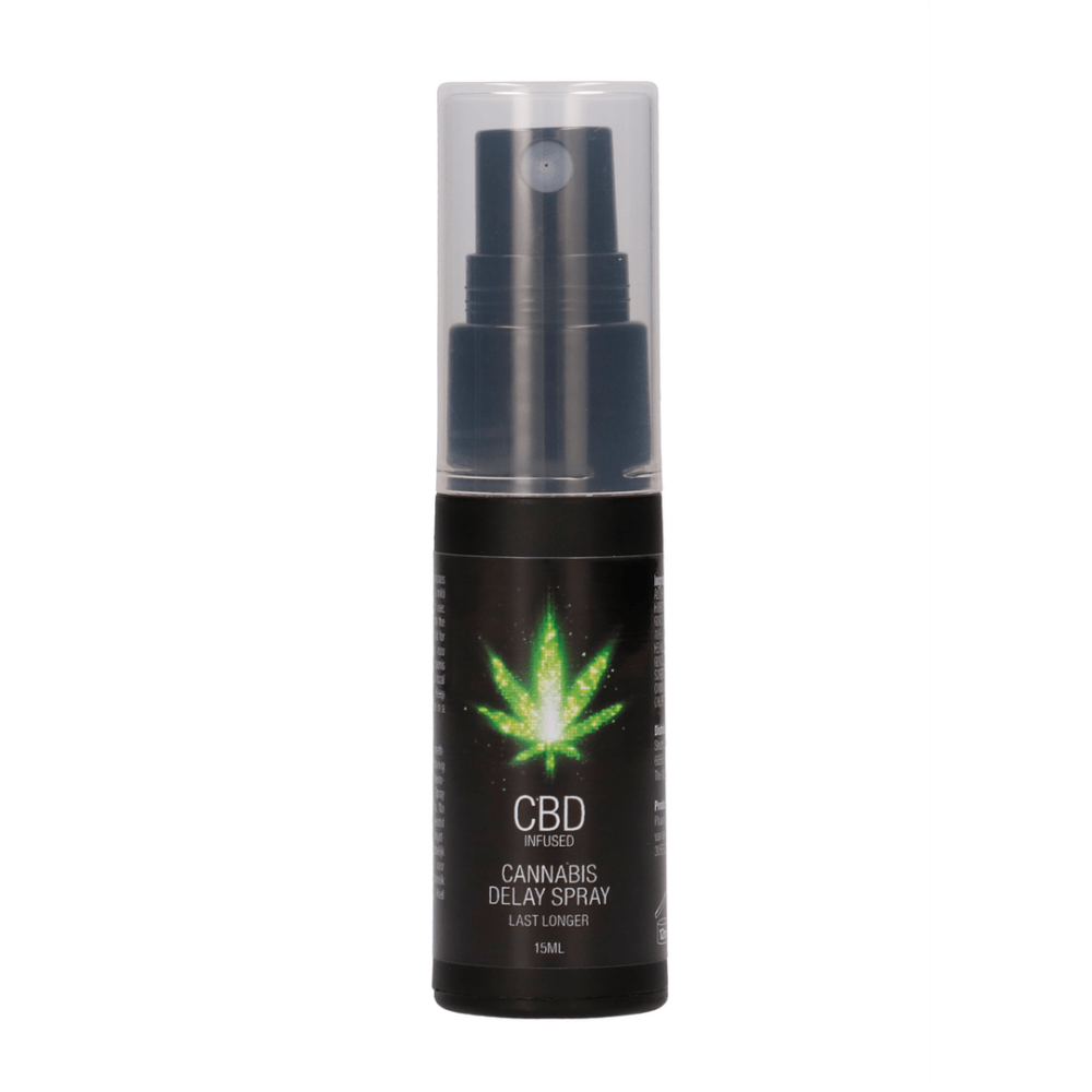 Zwarte Pharmquests CBD delay spray 15 ml flacon met groene details