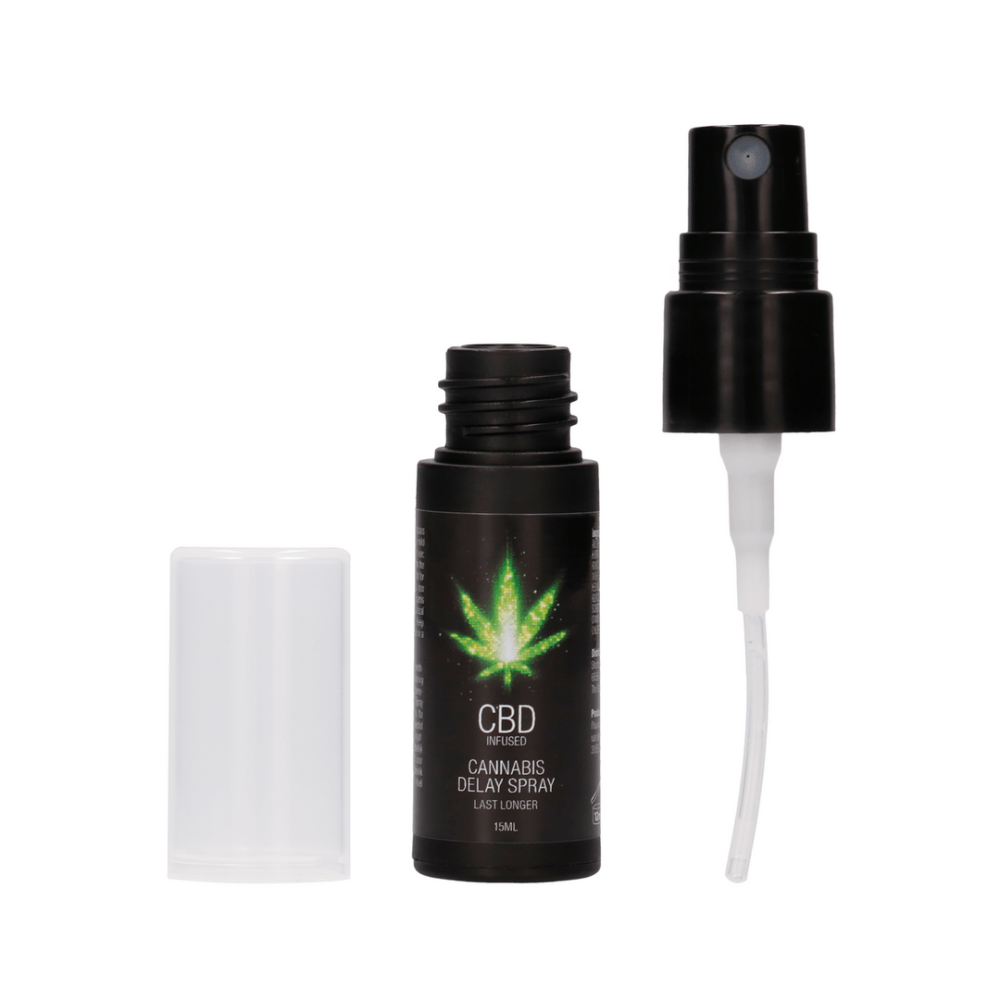 Pharmquests CBD delay spray 15 ml met losse spraydop naast de flacon
